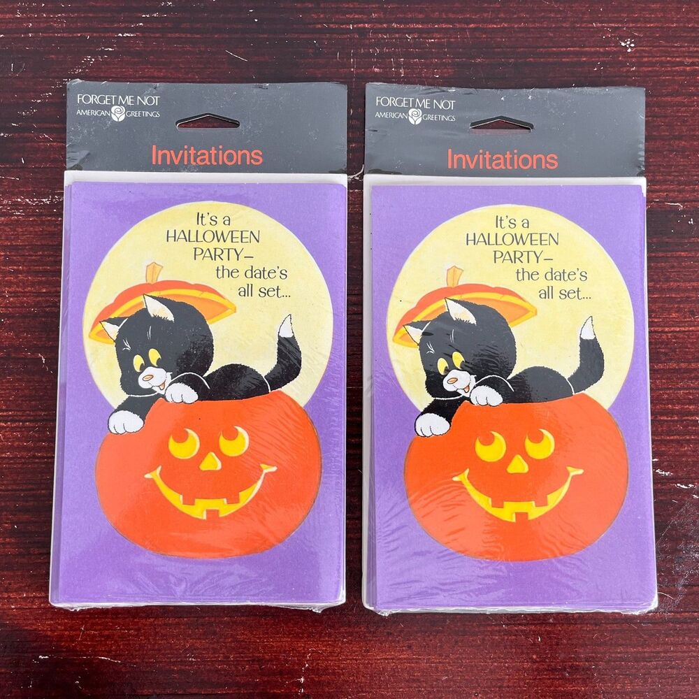 Vintage Halloween Party Invites with Cute Black Cat and Jackolantern